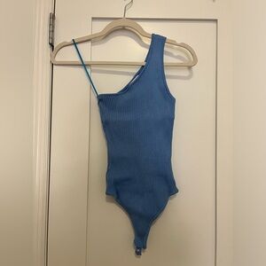 About Us (Revolve) Blue Ribbed One-Shoulder Bodysuit